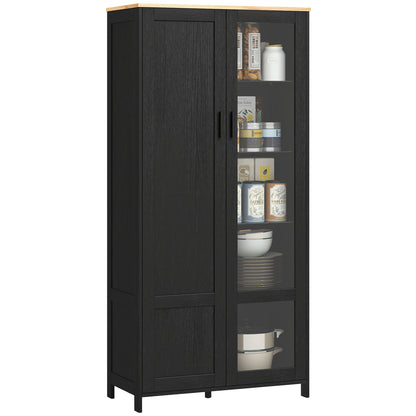 Dulap de Bucătărie cu 9 Rafturi Reglabile, cu Uși de Sticlă și Bază Înălțată din Lemn, 76x36x160 cm, Negru