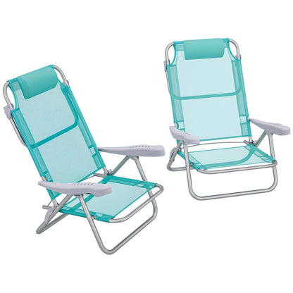 Set 2 Scaune de Camping Pliabile cu Tetieră Căptușită și Spătar Reglabil în 6 Poziții, 62x65x80 cm, Albastru