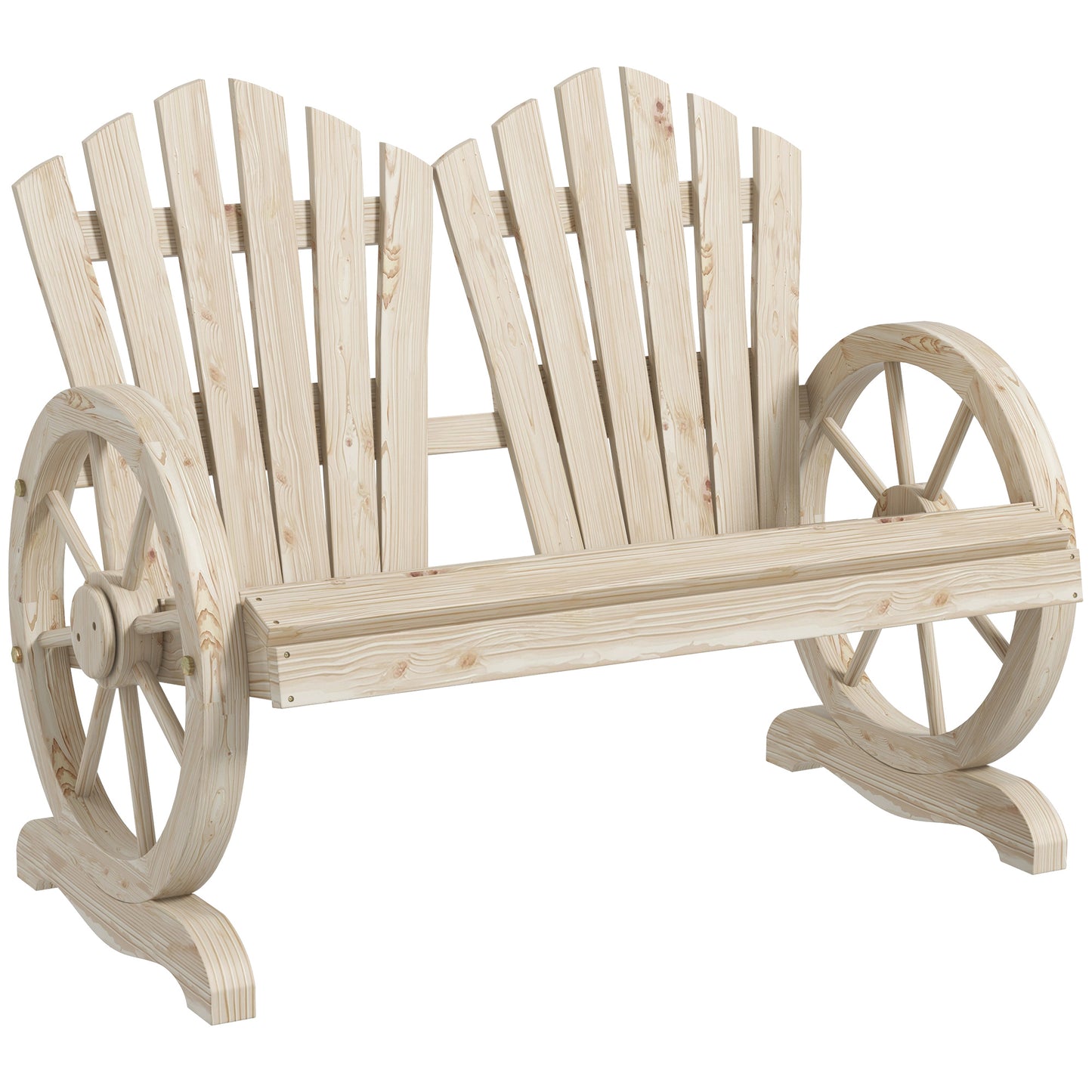 Bancă de Grădină cu 2 Locuri, Cotiere în Formă de Roată, Bancă de Exterior din Lemn de Brad, pentru Terasă, Patio și Curte, 108x66x95 cm, Culoare Lemn