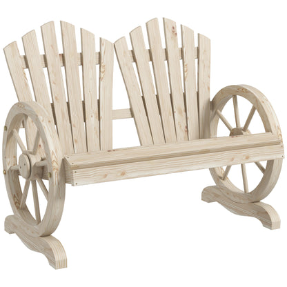 Bancă de Grădină cu 2 Locuri, Cotiere în Formă de Roată, Bancă de Exterior din Lemn de Brad, pentru Terasă, Patio și Curte, 108x66x95 cm, Culoare Lemn
