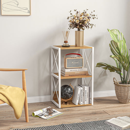 Mobilier Rastel Librarie 3 Rafturi cu Schelet in Otel Alb si Rafturi in Lemn 40x35x72.5cm