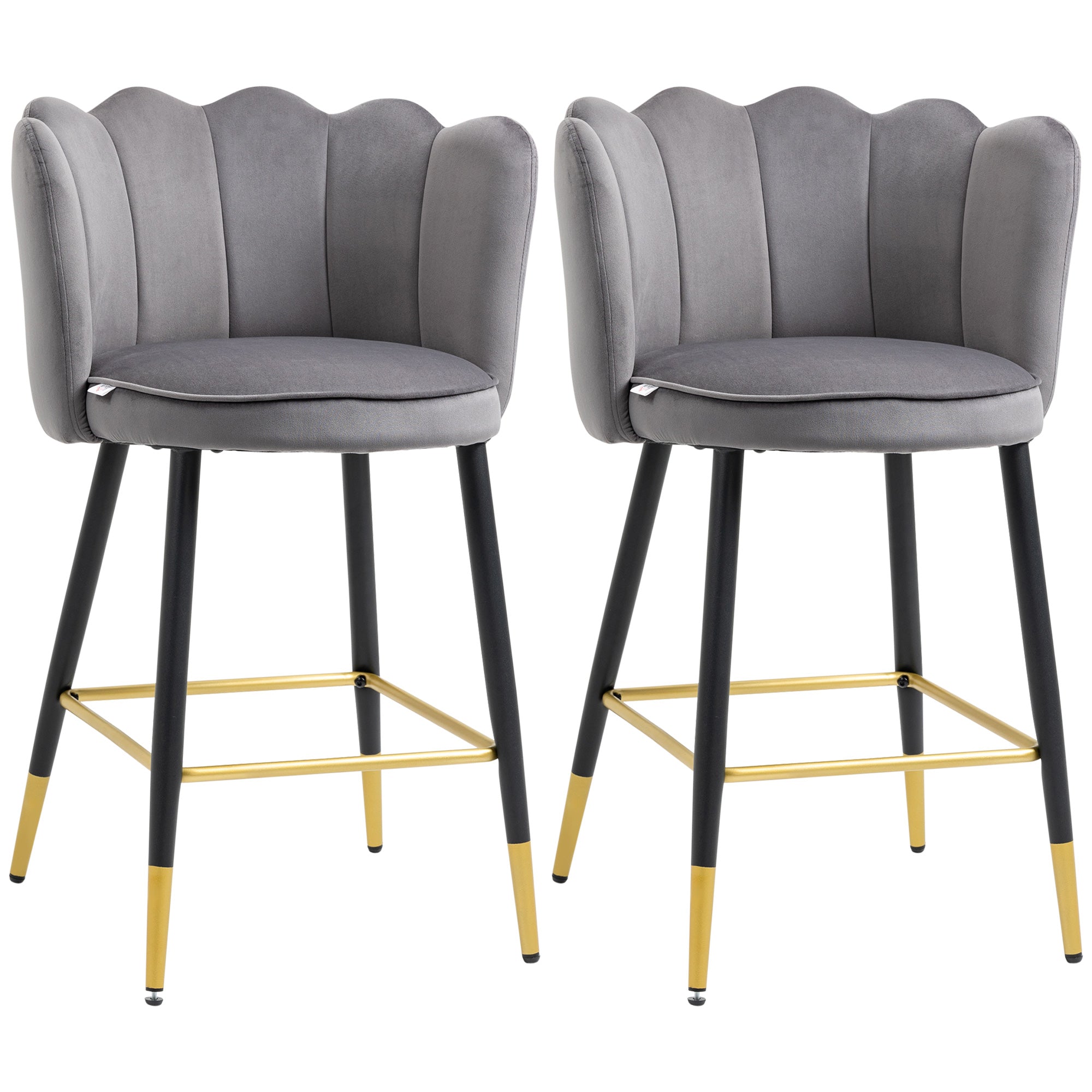 Set de 2 Scaune de Bar Catifelate cu Suport pentru Picioare și Bază din Oțel, 59x52x90cm, Gri