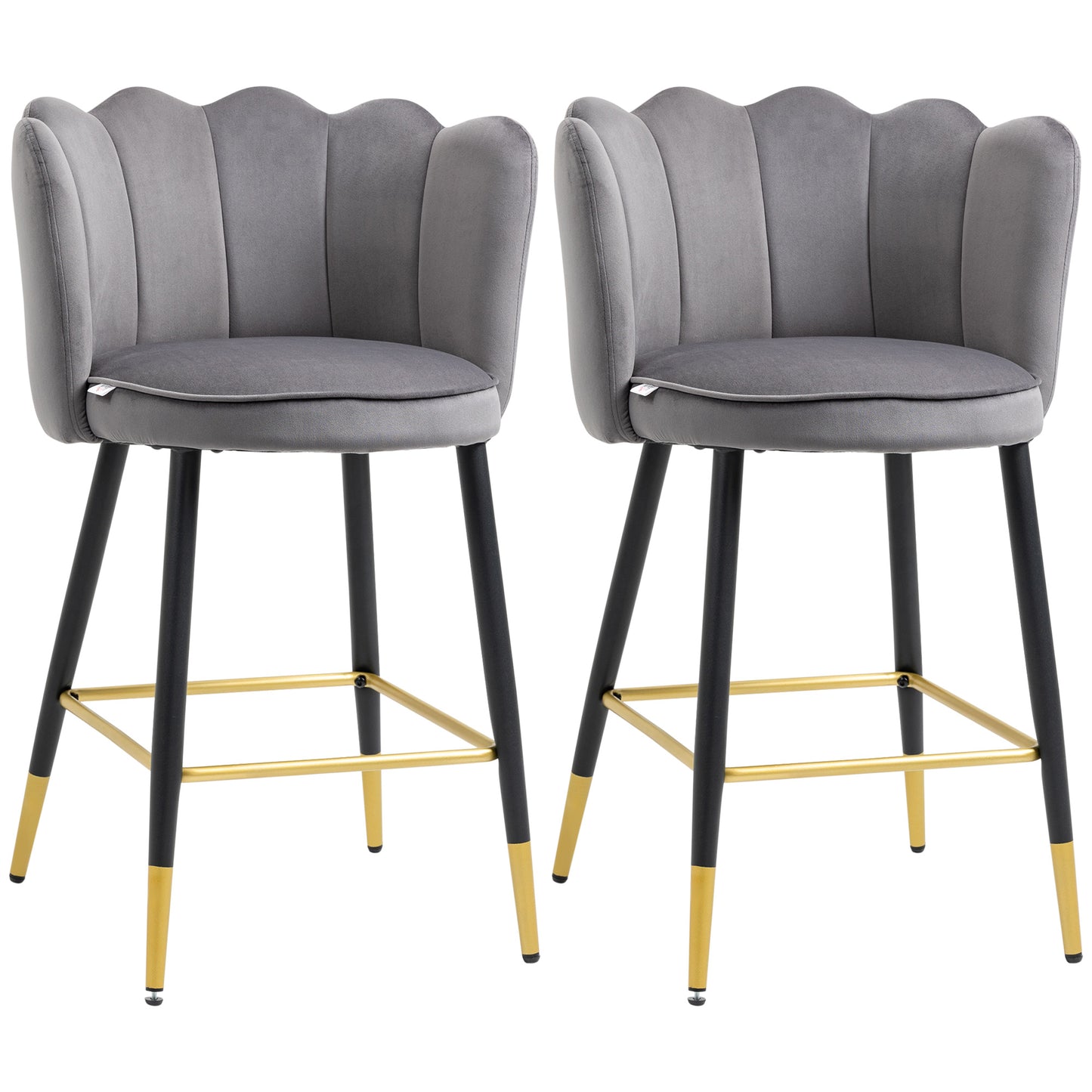 Set de 2 Scaune de Bar Catifelate cu Suport pentru Picioare și Bază din Oțel, 59x52x90cm, Gri