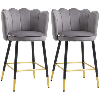 Set de 2 Scaune de Bar Catifelate cu Suport pentru Picioare și Bază din Oțel, 59x52x90cm, Gri