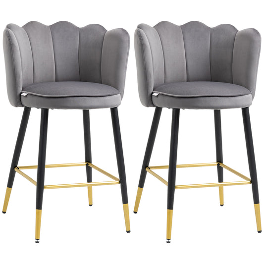 Set de 2 Scaune de Bar Catifelate cu Suport pentru Picioare și Bază din Oțel, 59x52x90cm, Gri