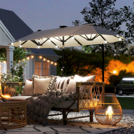 Umbrelă Dublă cu Lumini LED și Manivelă, din Poliester și Oțel, 2.92x1.5x2.2 m, Bej