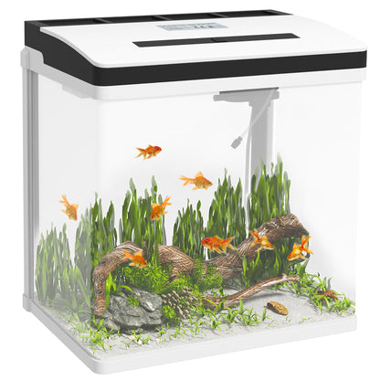 Acvariu de 28L cu Iluminare LED, Orificii de Ventilație și Pompă Silențioasă, 38x26x38 cm, Alb