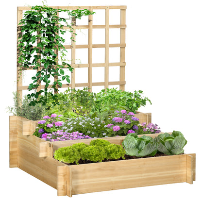 Jardiniera cu 3 Niveluri cu Grilaj pentru Catarat Vita de Vie, Paturi Suprainaltate din Lemn pentru Gradina, Jardiniera in Aer Liber pentru Legume, Flori, Ierburi, Nuanta Natur