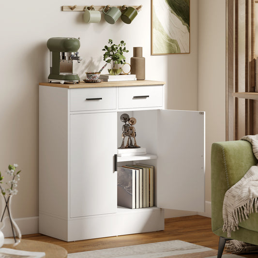 Bufet Modern 2 Sertare și Dulap cu 2 Uși, Raft Interior Reglabil, Alb și Lemn