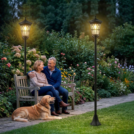 Set de 2 Felinare Solare de Grădină 1.86 m, Lămpi de Exterior din Oțel Inoxidabil cu Înălțime Reglabilă, 2 Moduri de Lumină, IP44 Impermeabil pentru Terasă Curte Alei