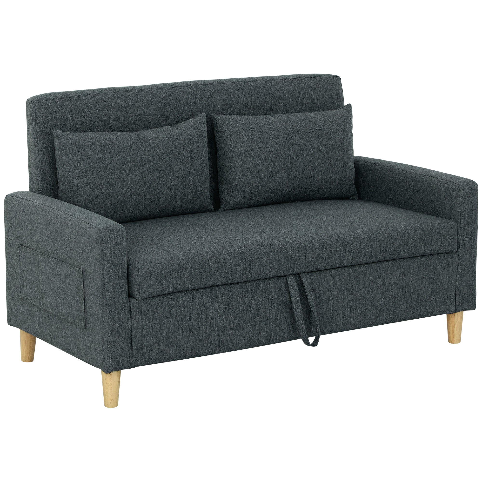Canapea 2 locuri cu spațiu de depozitare și perne, din material textil cu efect de in și lemn, 135x72x84 cm, gri cărbune