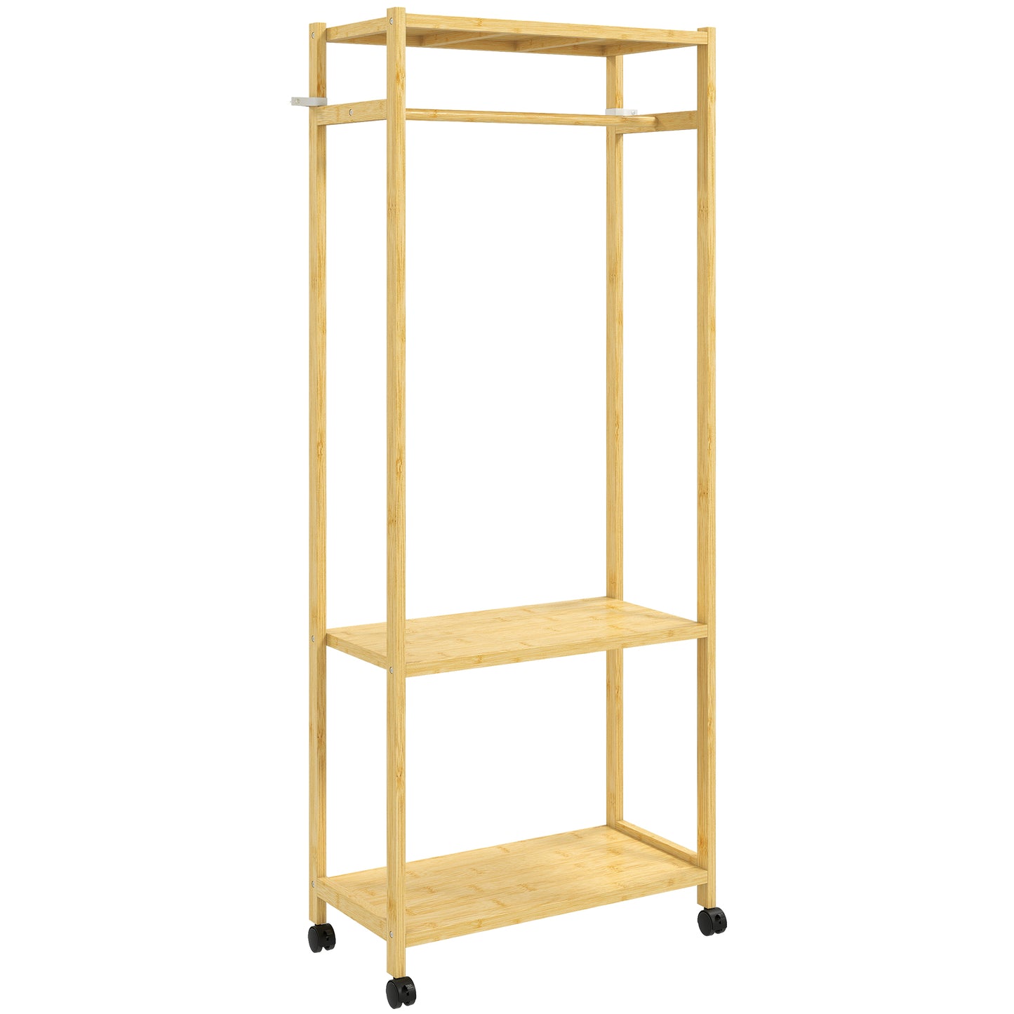 Suport de haine din bambus, cu bară, rafturi și 4 roți, 70x35x175 cm, lemn natural