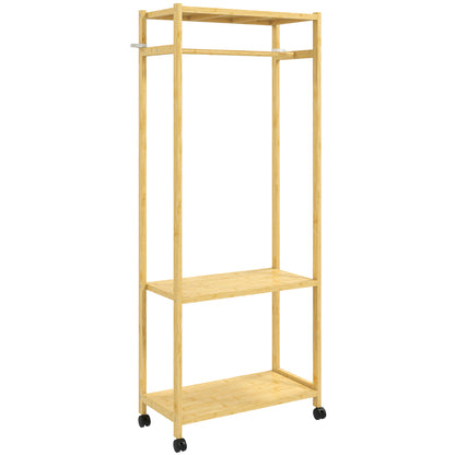 Suport de haine din bambus, cu bară, rafturi și 4 roți, 70x35x175 cm, lemn natural