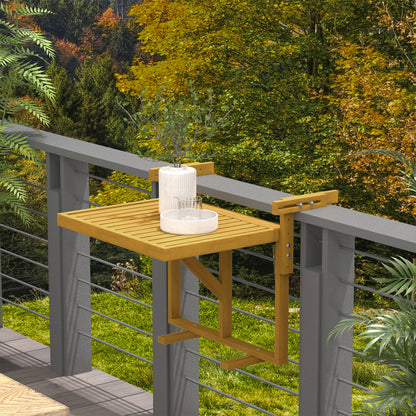 Masă Suspendată de Exterior, Masă Reglabilă pentru Balustradă, Blat Suport cu Montare pe Perete, 68x65x40,5-55 cm, Tec