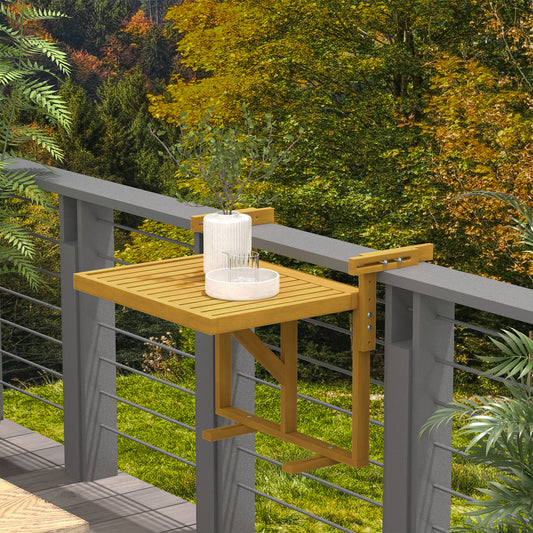 Masă Suspendată de Exterior, Masă Reglabilă pentru Balustradă, Blat Suport cu Montare pe Perete, 68x65x40,5-55 cm, Tec