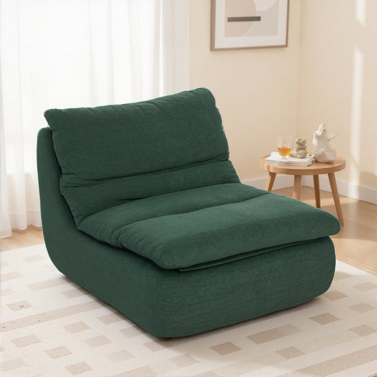Scaun de podea modern și tapițat din material textil cu efect de catifea verde și spumă, 82x103x75 cm