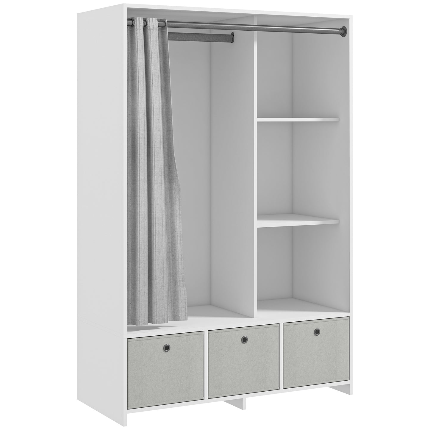 Dulap Modern cu Bară pentru Umerașe, 3 Sertare din Material Textil și 3 Rafturi, 105x48x160 cm, Alb și Gri
