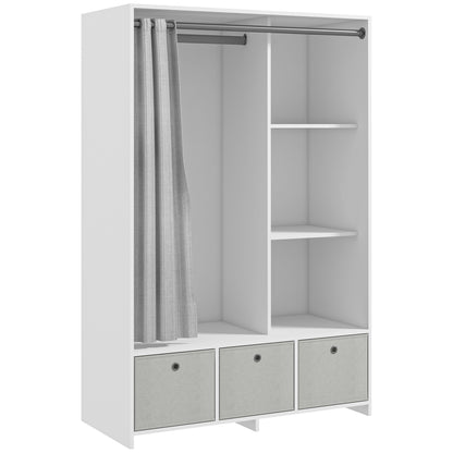 Dulap Modern cu Bară pentru Umerașe, 3 Sertare din Material Textil și 3 Rafturi, 105x48x160 cm, Alb și Gri