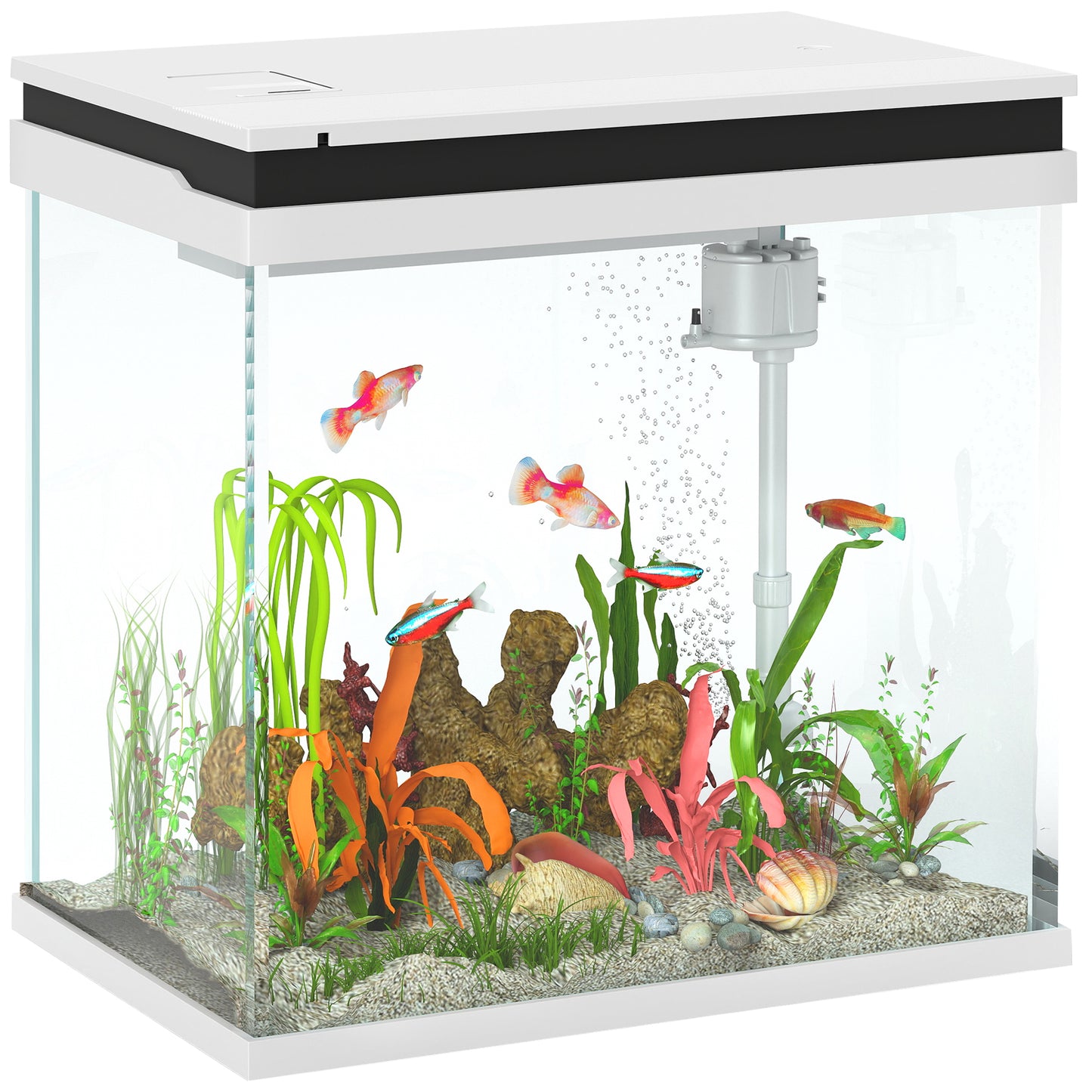 Acvariu pentru Pești Aurii 26L cu Lumină LED, Sistem de Filtrare și Pompă de Apă, 38x26x38 cm, Alb