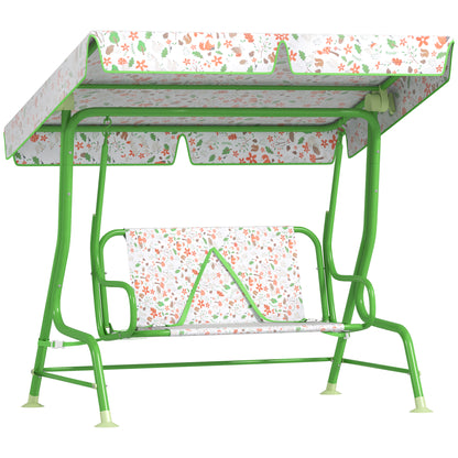 Balansoar pentru Copii de Exterior cu 2 Locuri cu Copertină Reglabilă și Centuri de Siguranță, 112x75x120 cm, Verde