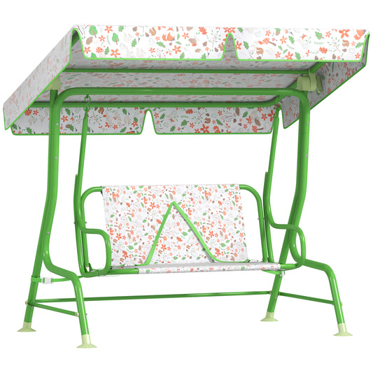 Balansoar pentru Copii de Exterior cu 2 Locuri cu Copertină Reglabilă și Centuri de Siguranță, 112x75x120 cm, Verde