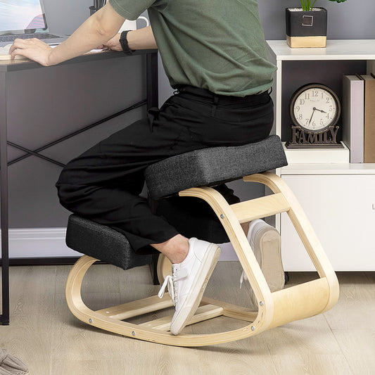 Scaun Ergonomic de Îngenunchere, Scaun Balansoar din Lemn de Mesteacăn pentru Corectarea Poziției, Negru, 51x69x58cm
