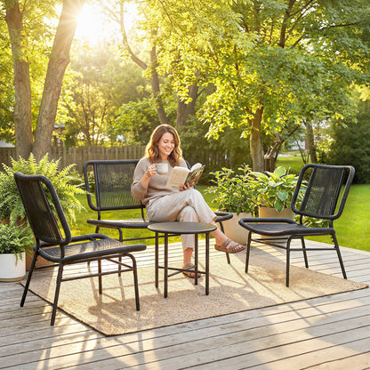Set Mobilier Grădină Ratan 4 Piese, Canapea pentru Exterior cu Măsuță Metalică, Negru