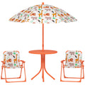 Masă de Picnic pentru Copii, Set Masă și Scaune cu 2 Scaune Pliabile și Umbrelă Detasabilă, Tematică Junglă, Mobilier de Exterior pentru Grădină, Patio, Portocaliu