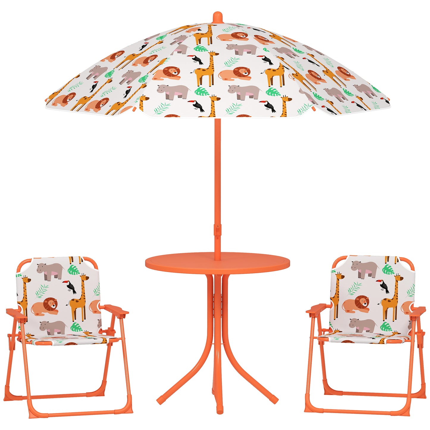 Masă de Picnic pentru Copii, Set Masă și Scaune cu 2 Scaune Pliabile și Umbrelă Detasabilă, Tematică Junglă, Mobilier de Exterior pentru Grădină, Patio, Portocaliu