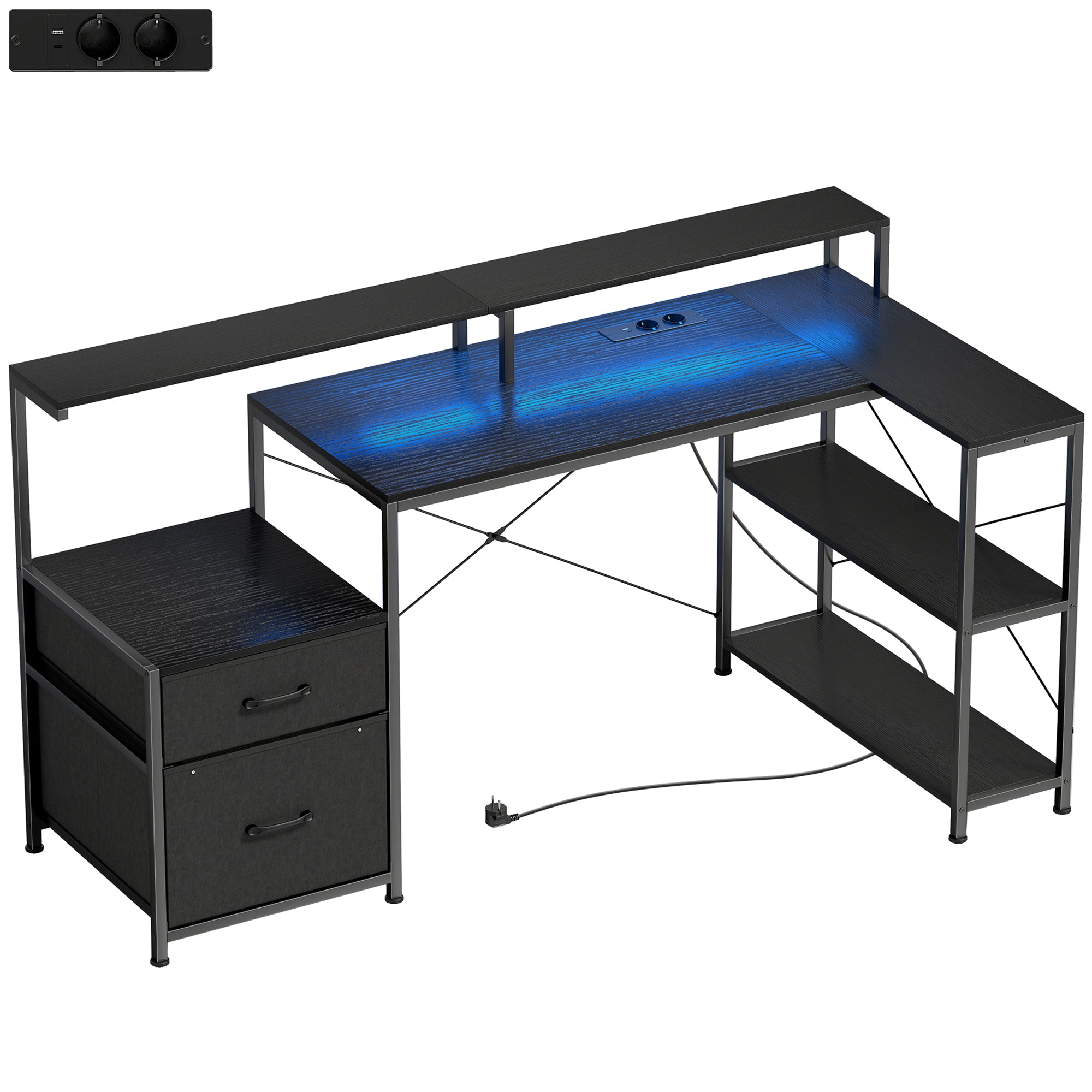 Birou Gaming cu Spații de Stocare și 2 Suporturi pentru Monitoare, din Lemn și Oțel, 165x80x91.5 cm, Negru