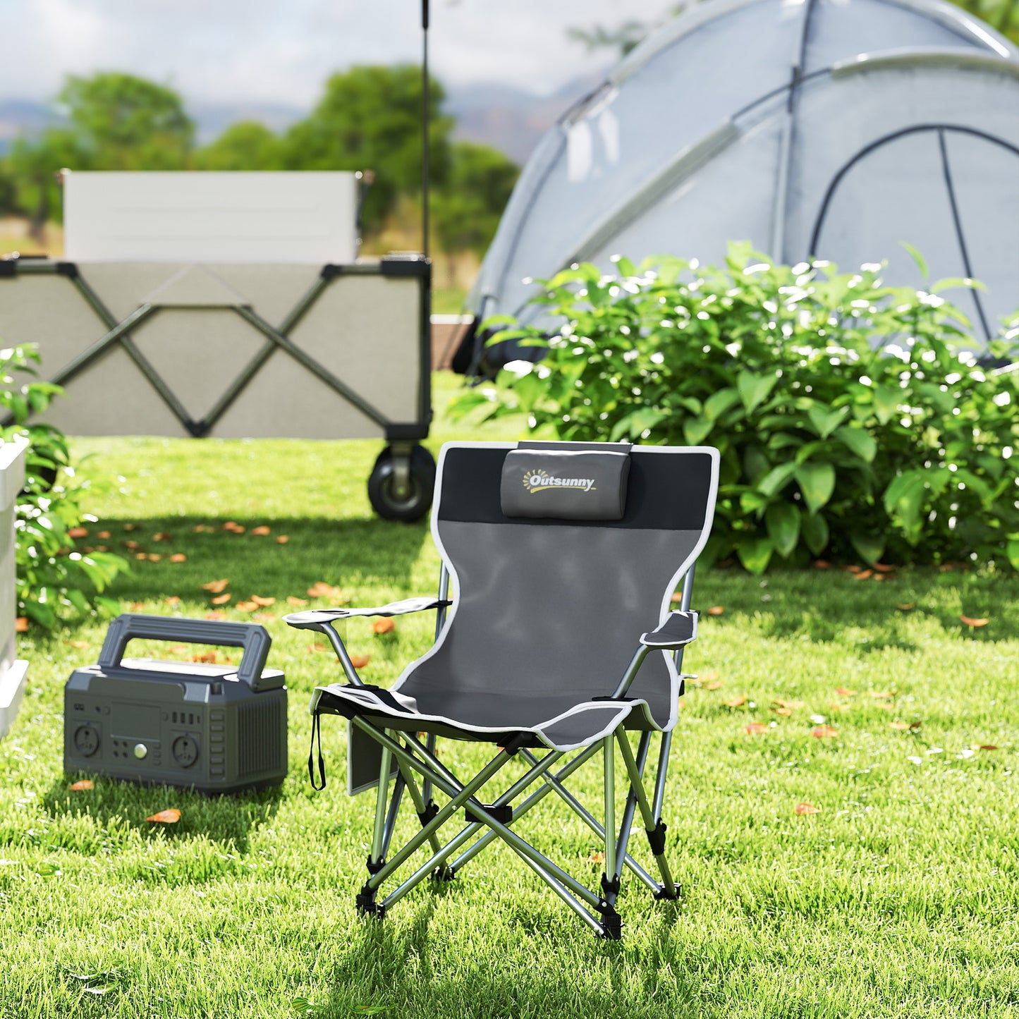 Scaun de Camping Pliabil și Rabatabil cu Suport pentru Picioare Detașabil și Tetieră, 82x50/100x88 cm, Negru