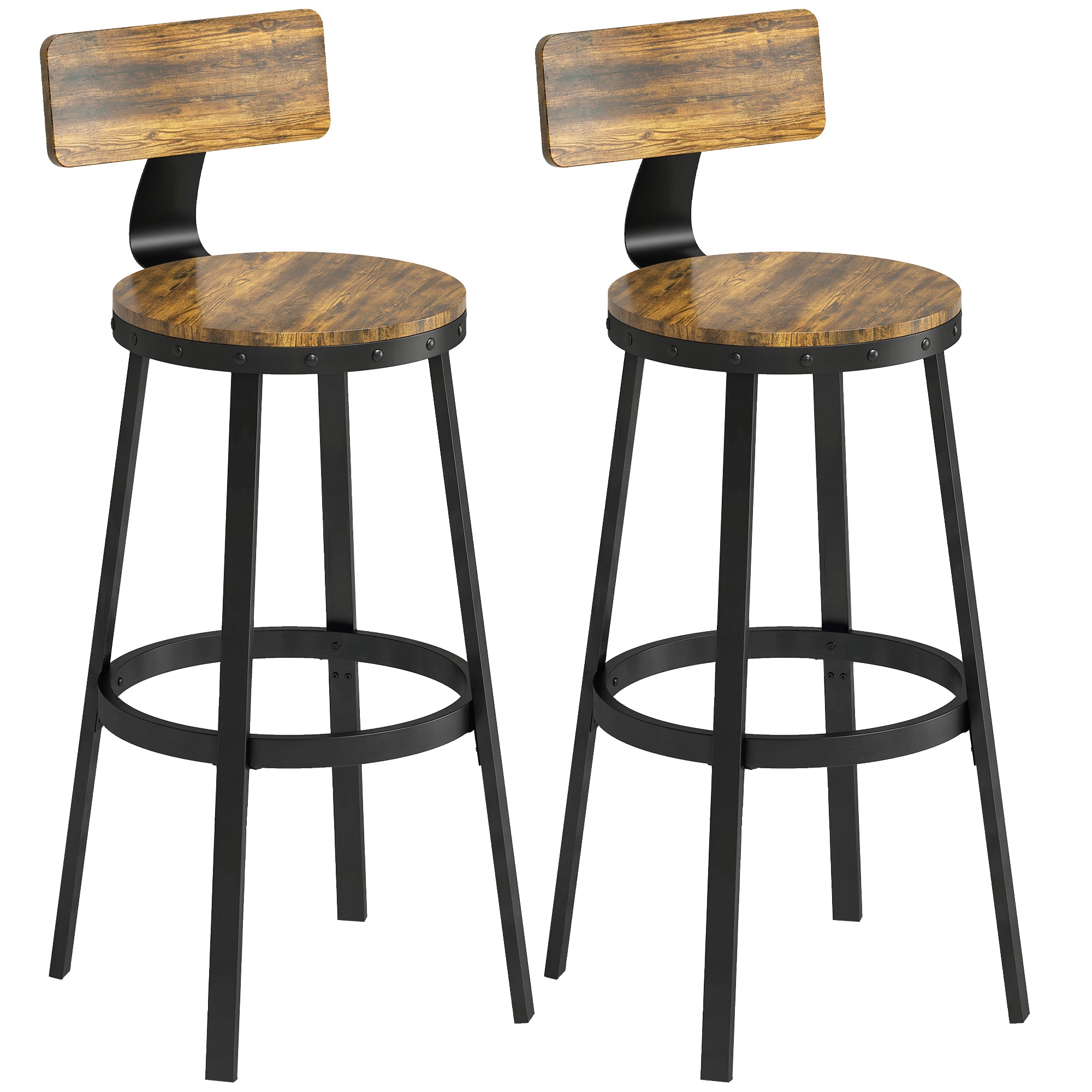 Set 2 Scaune de Bar, Șezuturi Rustice cu Spătar și Suport pentru Picioare, Maro Rustic