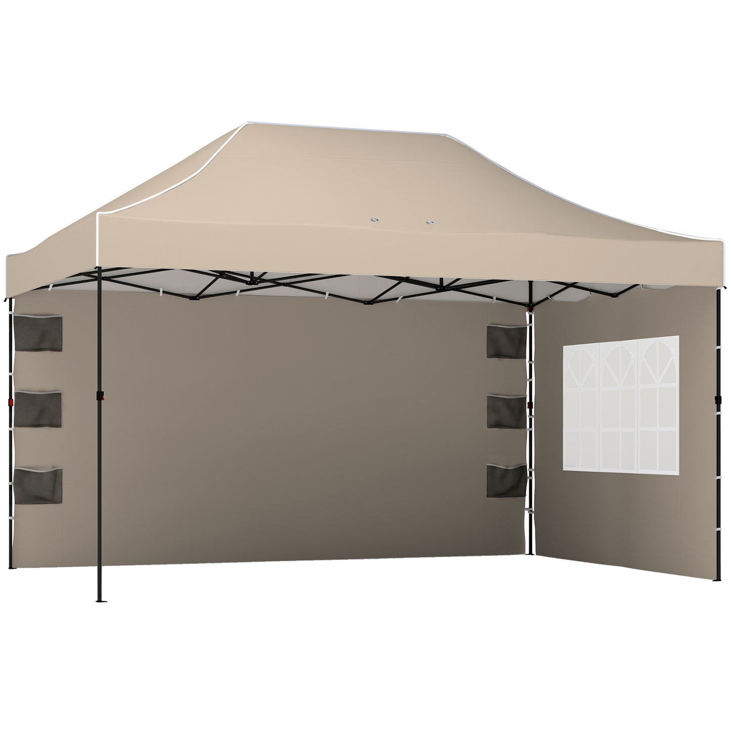 Gazebo Pop Up pliabil cu pereți laterali și ferestre, 2.9x4.3 m, din metal și țesătură Oxford, maro nisipiu
