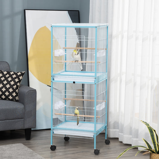 Colivie pentru Pasari 2 in 1 Voliera pentru Interior cu 4 Roti Pivotante, Tavi Detasabile si Recipiente din plastic, 51,5x50x140cm, Albastra