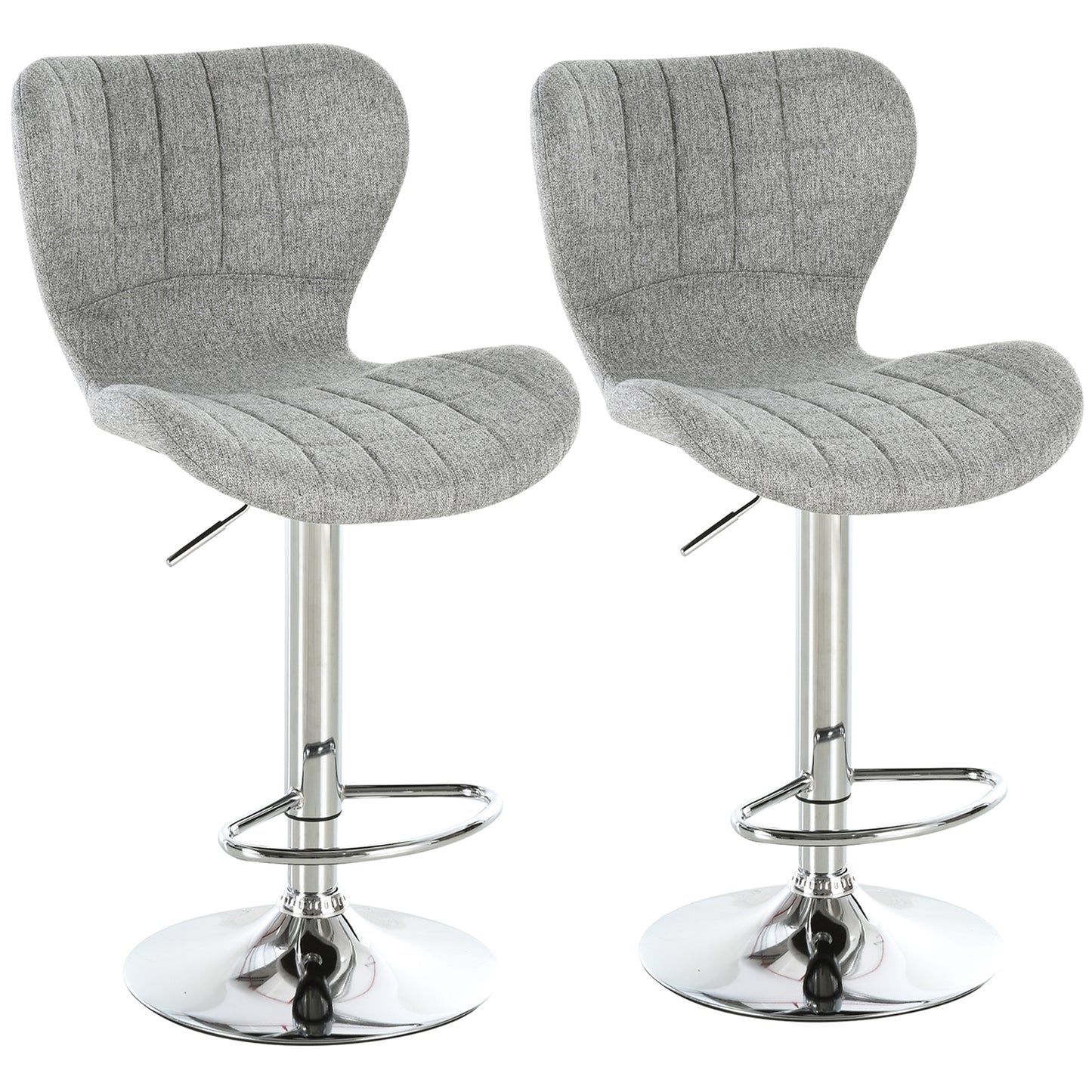 Set 2 scaune de bar rotative cu înălțime reglabilă, suport pentru picioare și spătar din material textil, gri