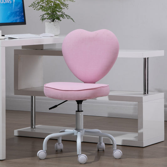 Scaun pentru Birou în Formă de Inimă cu 5 Roți și Înălțime Reglabilă din Material Textil Roz, 42x50x79-89cm