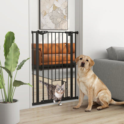 Poartă Reglabilă pentru Câini, Înaltă, cu Ușiță Mică și Închidere Automată, 74-80x104 cm, Negru