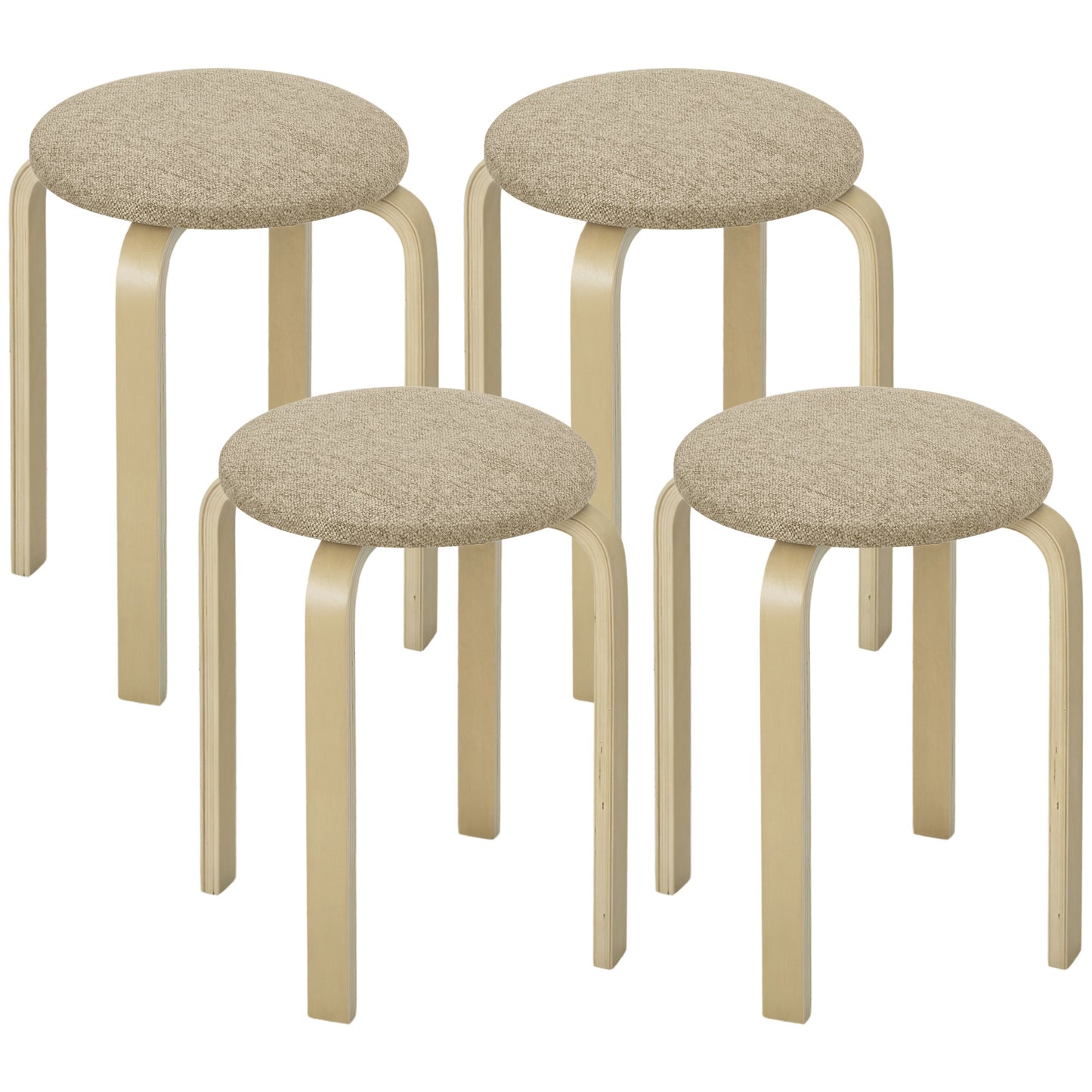 Set 4 Taburete Stivuibile și Căptușite cu Țesătură și Picioare din Lemn, Kaki