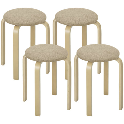Set 4 Taburete Stivuibile și Căptușite cu Țesătură și Picioare din Lemn, Kaki