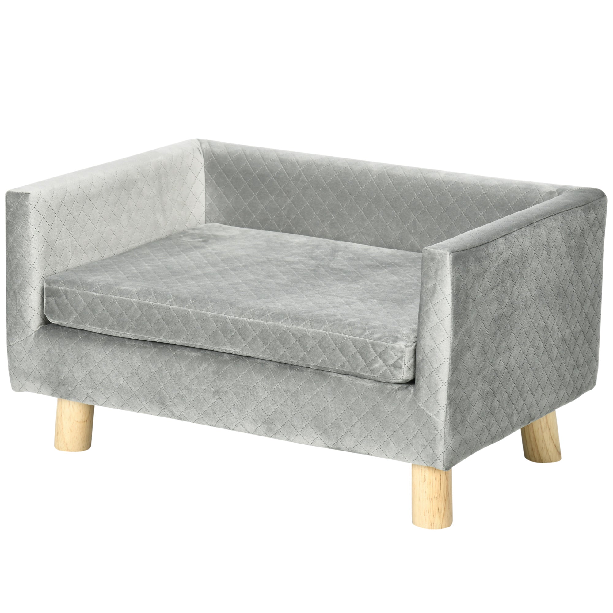 Canapea pentru câini și pisici stil scandinav cu pernă din catifea și lemn, 64x45x36cm, gri