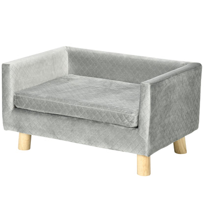 Canapea pentru câini și pisici stil scandinav cu pernă din catifea și lemn, 64x45x36cm, gri