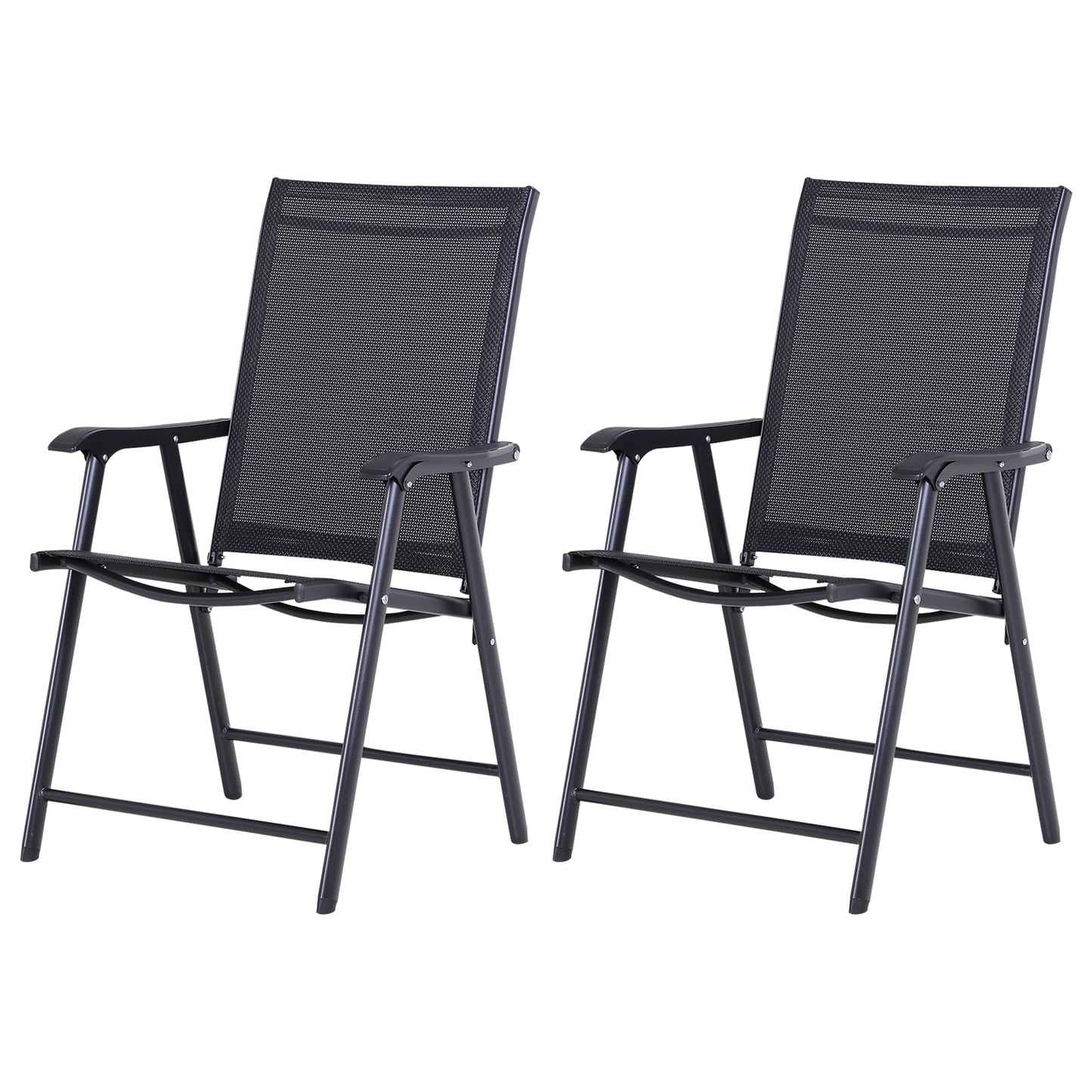 Set 2 Scaune de Grădină Pliabile cu Cotiere, Scaune pentru Prânz în Exterior din Metal și Texteline, pentru Terasă, Balcon, Verandă, Exterior și Interior, 58x64x94cm, Negru