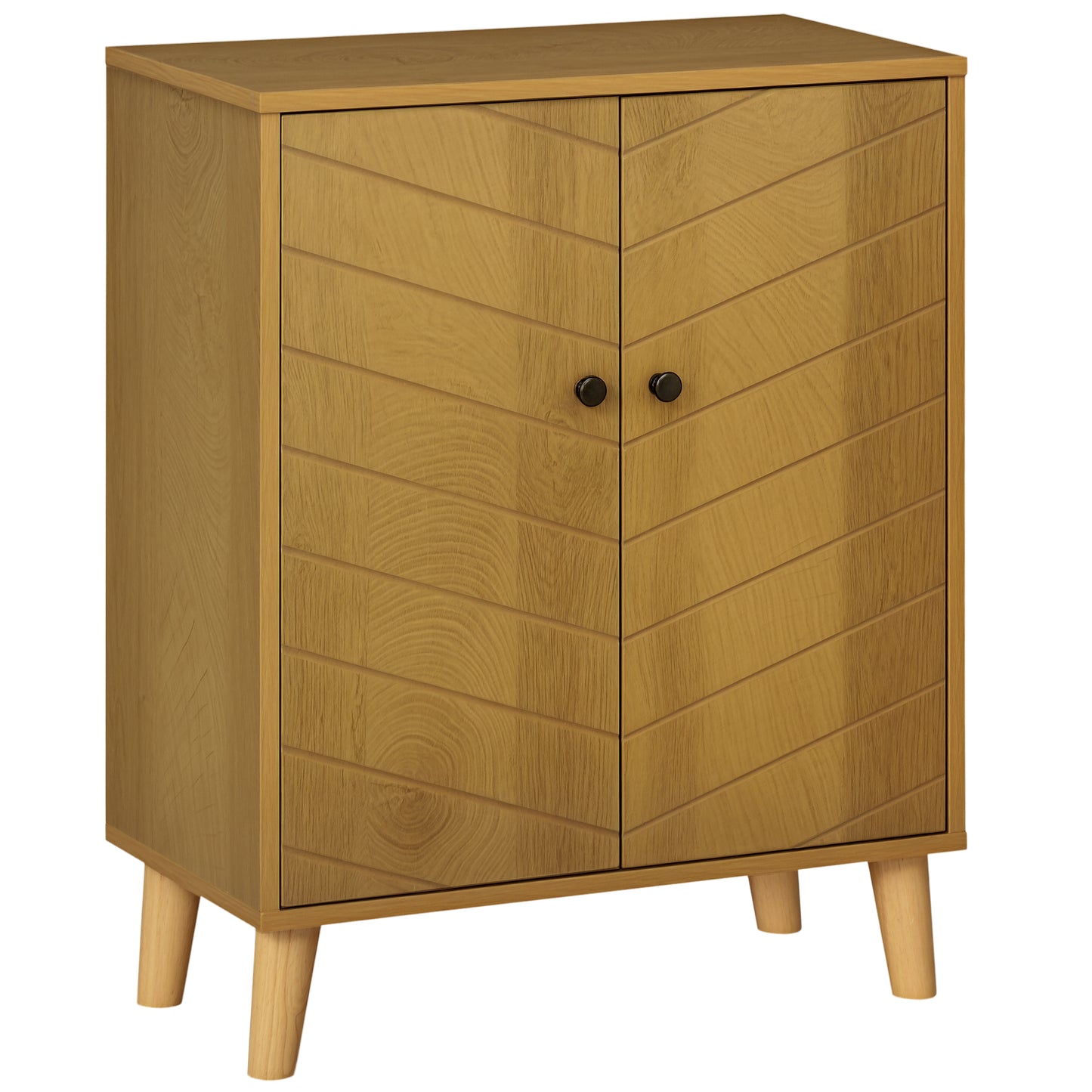 Dulap de depozitare vintage  cu usi chevron duble si picioare din lemn de pin, dulap lateral pentru living, bucatarie, dormitor, efect de lemn natural