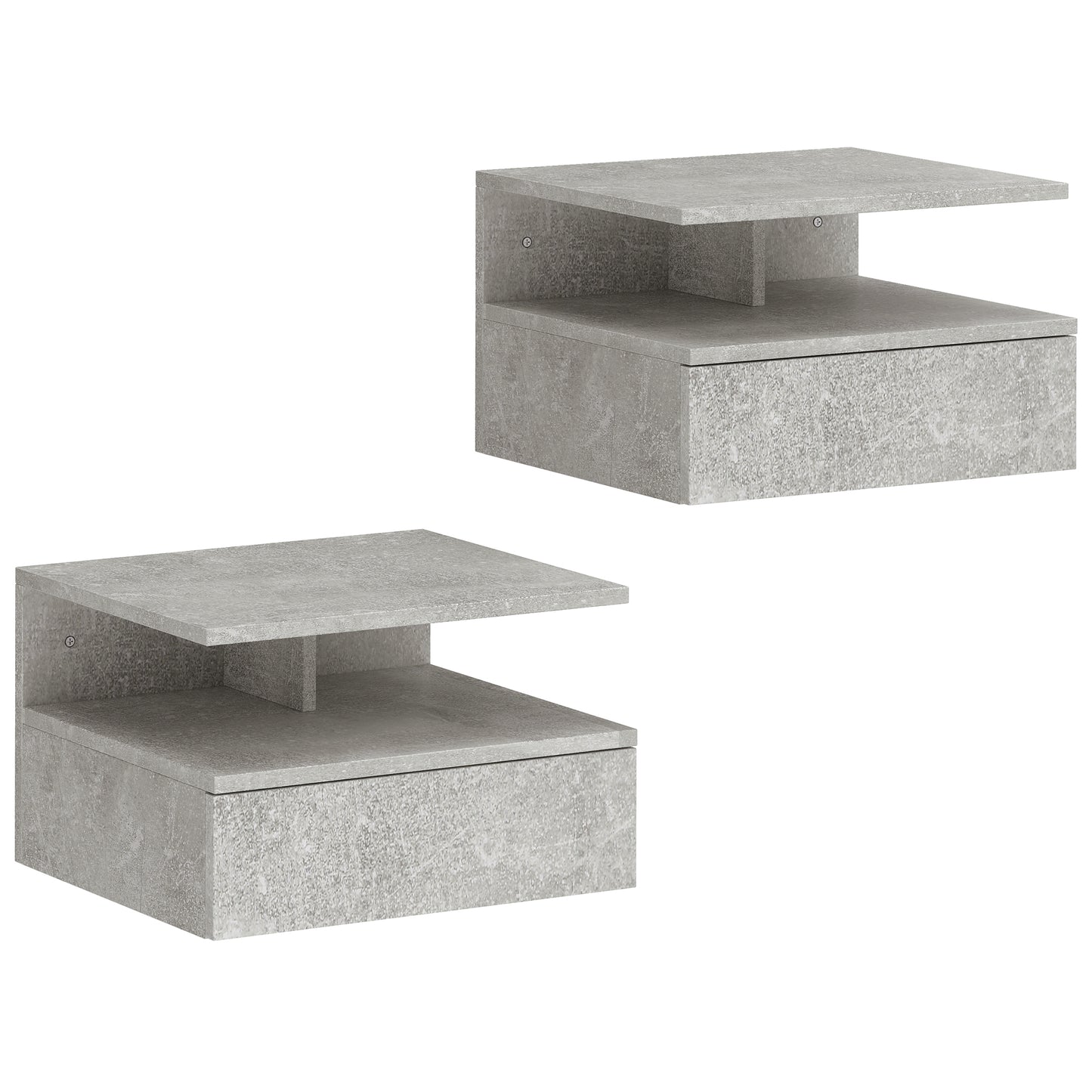 Set de 2 Noptiere Suspendate cu Sertar și Raft Deschis, 35x32x22.5 cm, Gri Ciment