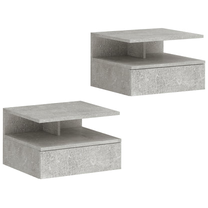 Set de 2 Noptiere Suspendate cu Sertar și Raft Deschis, 35x32x22.5 cm, Gri Ciment