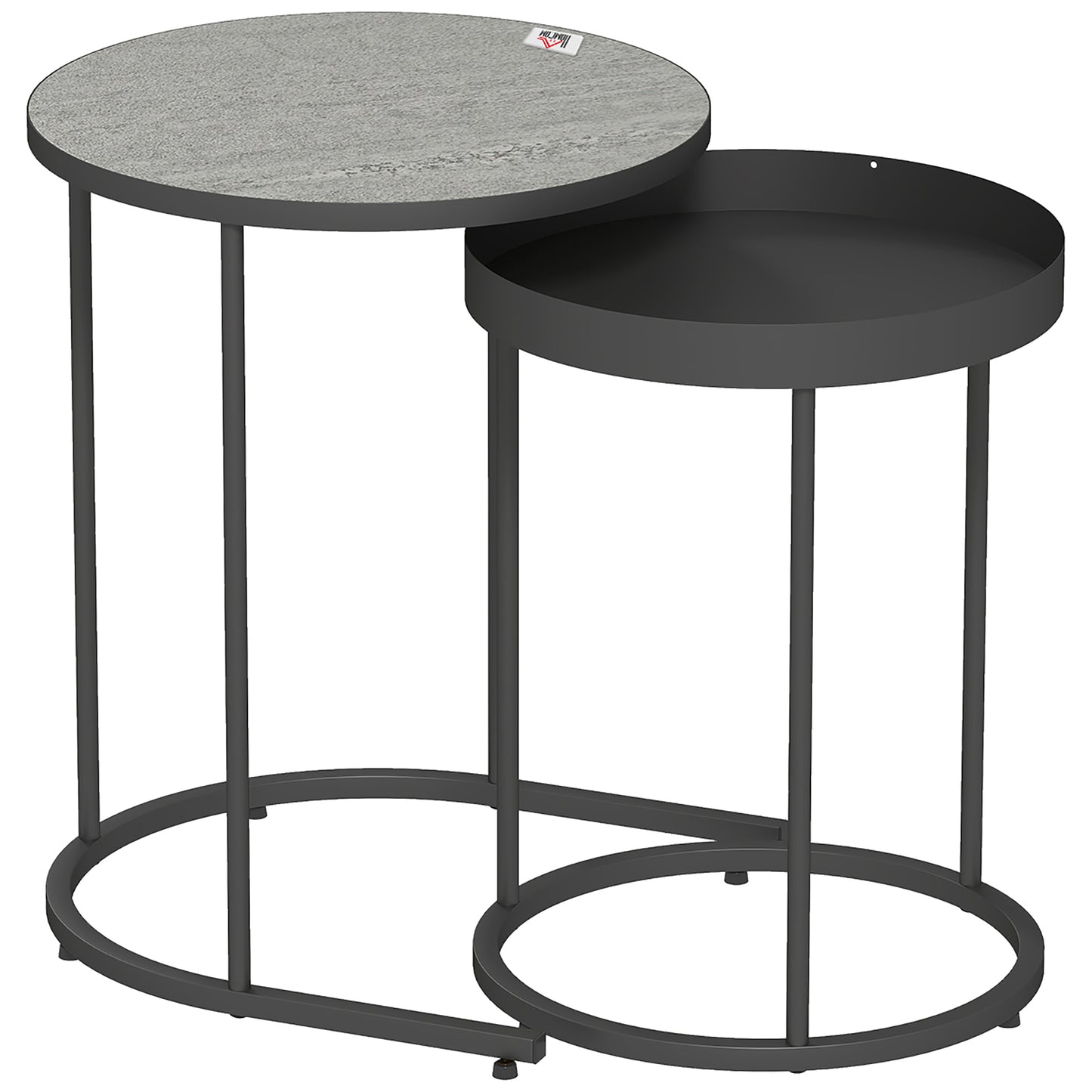 Set 2 Măsuțe de Cafea  Stivuibile în Stil Industrial, din Lemn și Metal, Ø42x54 cm și Ø36.5x48.5 cm, Gri și Negru