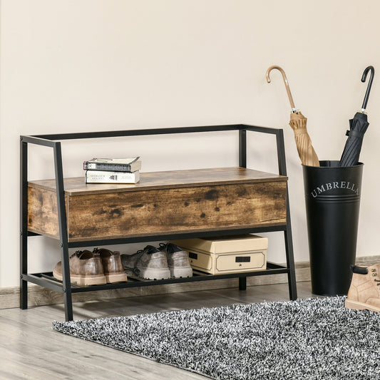 Bancuta Suport de pantofi din Lemn cu Economisire de Spatiu Stil Industrial 90x37x60cm