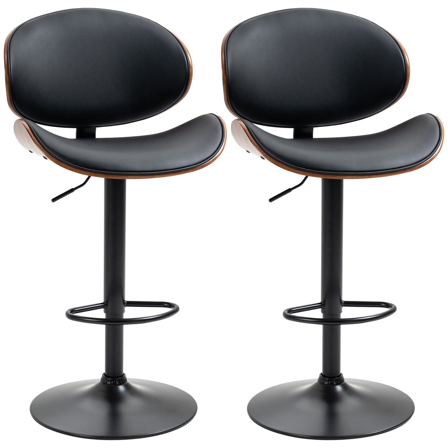 Set 2 Scaune de Bar cu Spătar Reglabile pe Înălțime, Lemn și Piele Ecologică, 53x52x92-112 cm, Negru
