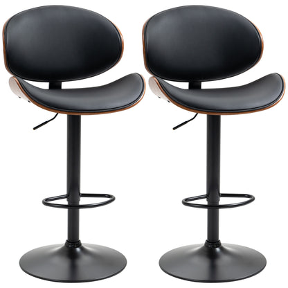 Set 2 Scaune de Bar cu Spătar Reglabile pe Înălțime, Lemn și Piele Ecologică, 53x52x92-112 cm, Negru