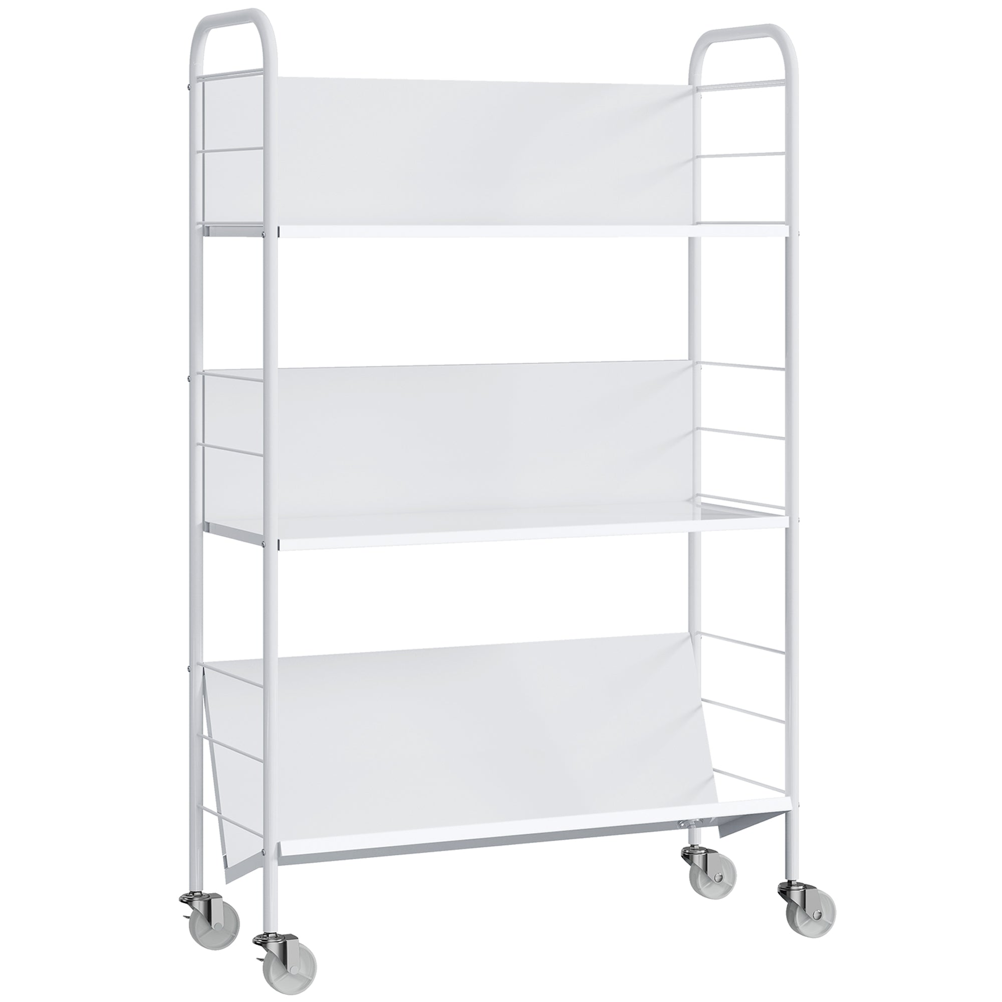 Cărucior Modern pentru Cărți cu 3 Nivele și Roți Pivotante pentru Cărți și Reviste, 69x26x108 cm, Alb
